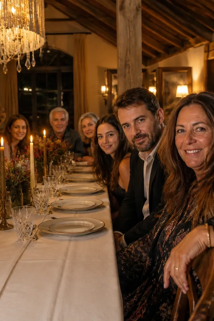 Family posed indoors around a long dining table with warm lighting