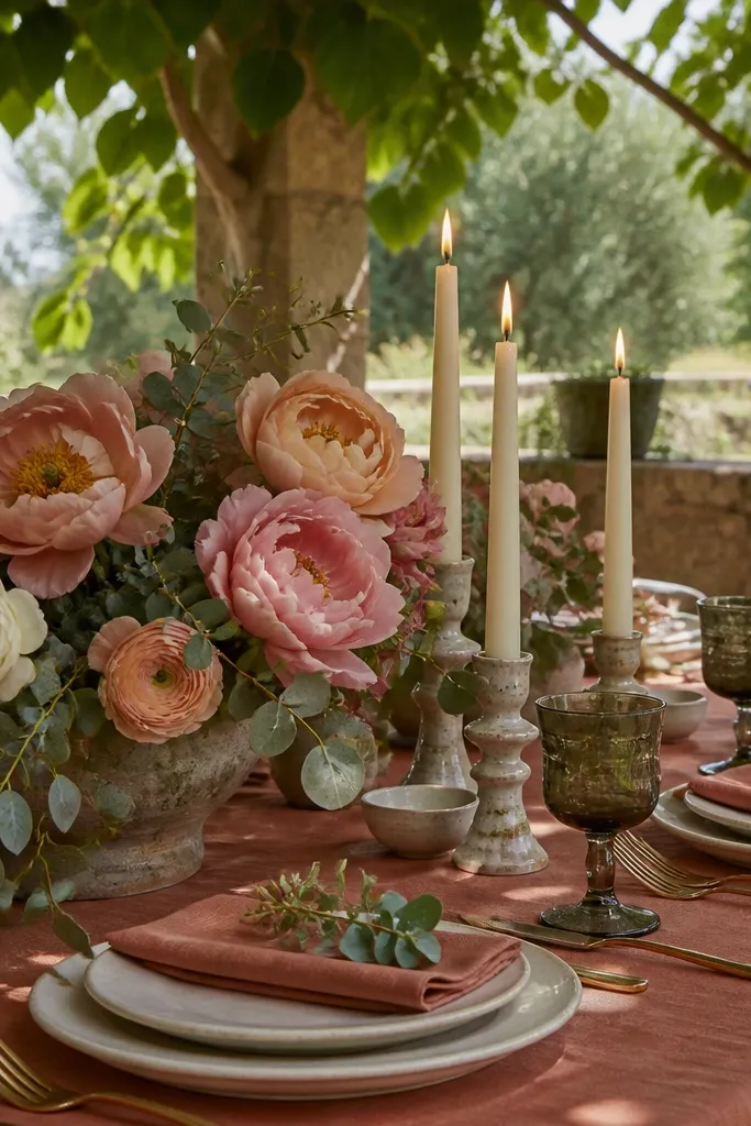 Clay rose napkins with oat cream linens and olive greenery at tables