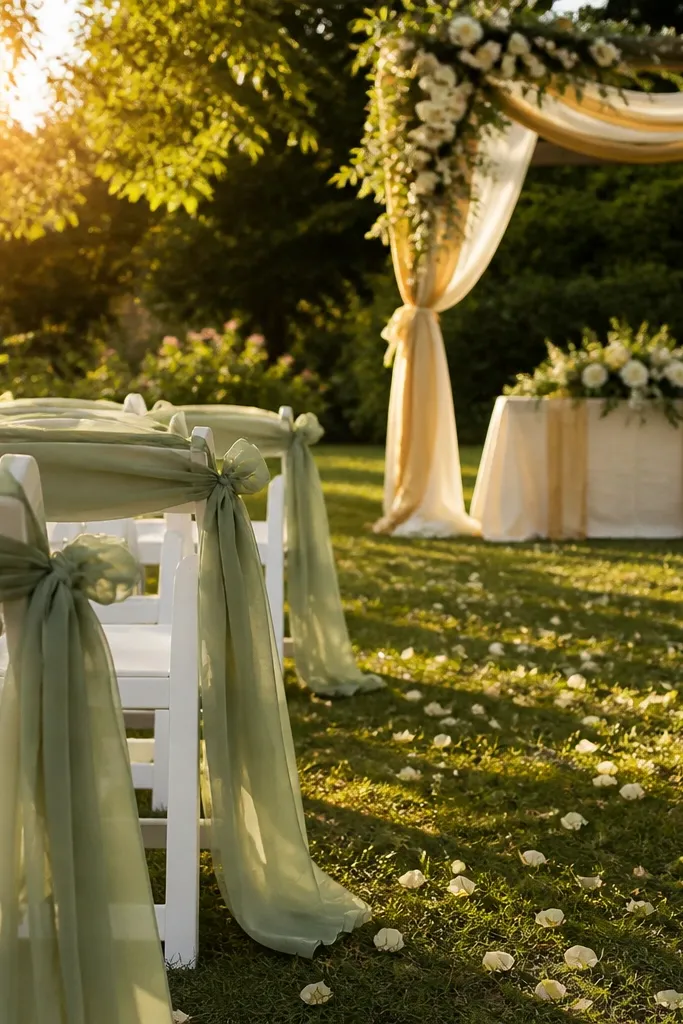 Sage green napkins with ivory florals and honey-gold ribbon accents