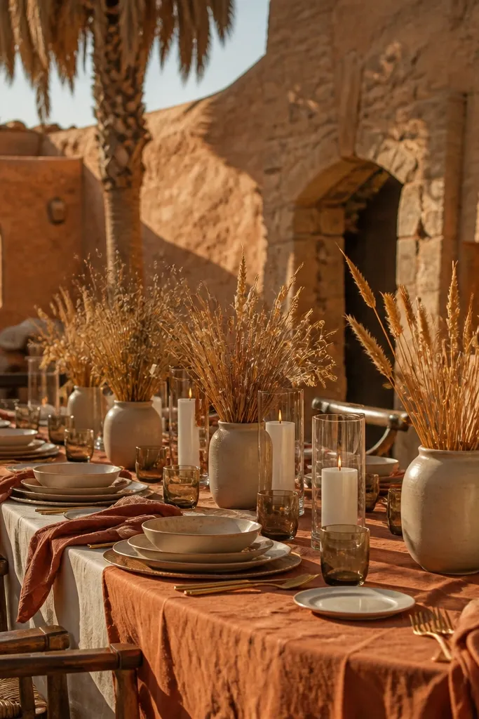 Terracotta napkins with cream tablecloth and dried wheat gold centerpieces