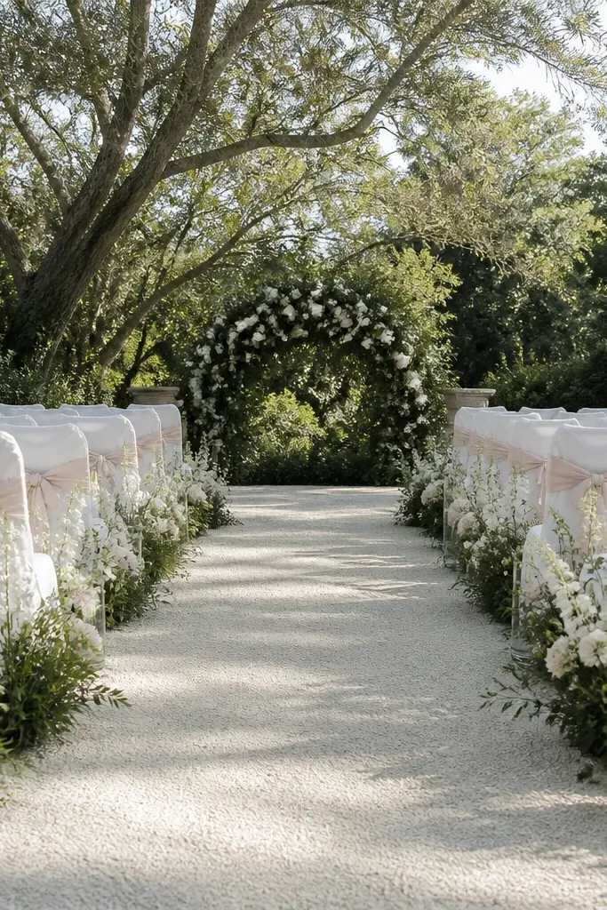 White table settings with blush napkins and sage greenery centerpieces