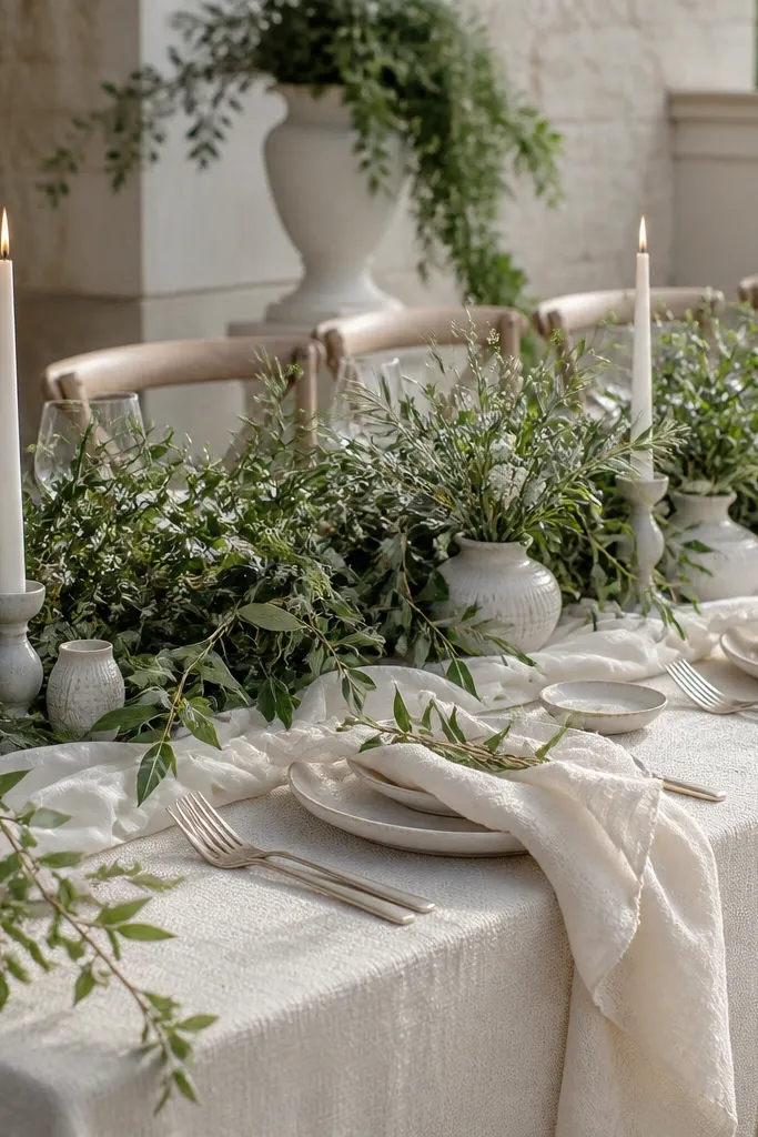 Cream and textured white table settings with abundant greenery garlands