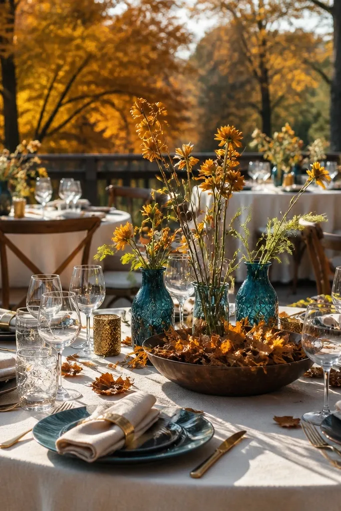 Marigold gold centerpieces with cream linens and deep teal accents
