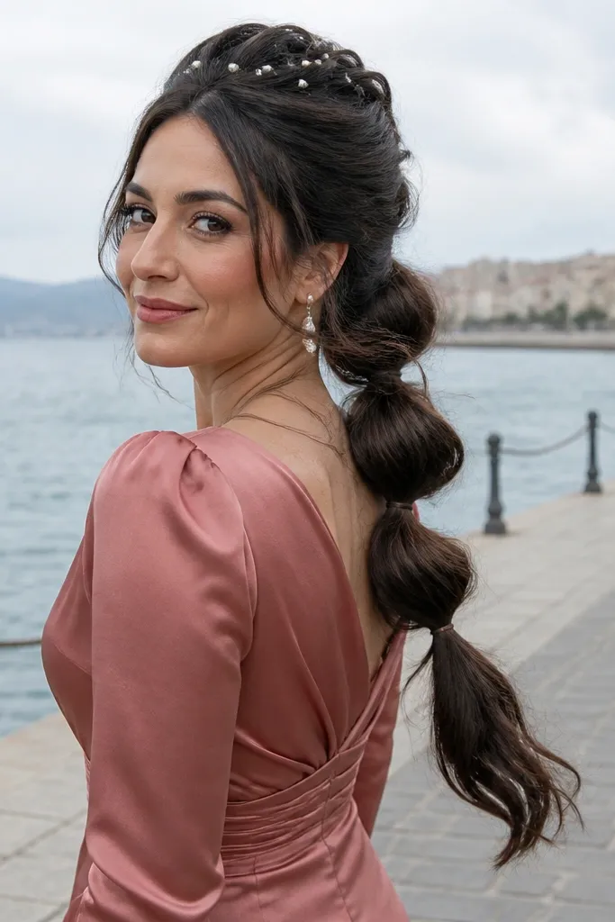 Bubble ponytail with pearl bobby pins along the length