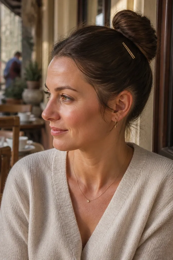 Half-up knotted bun with two pinned tucks at the crown