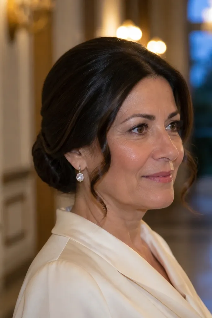 Classic chignon with middle part and face-framing ends