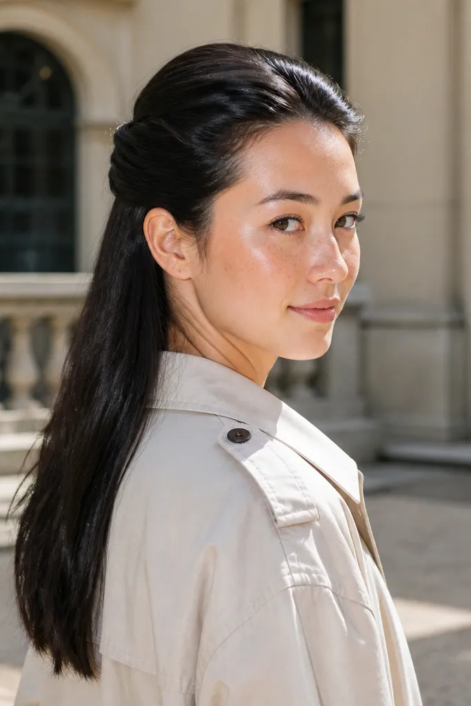 Half-up sleek twist with glossy finish and smooth front