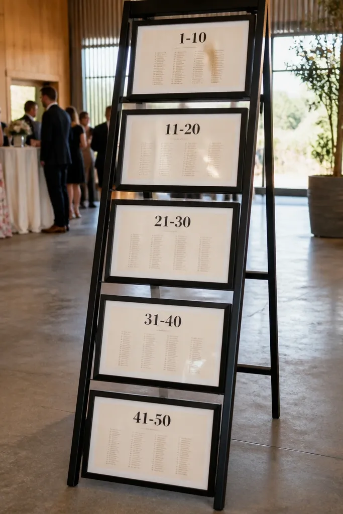 Metal ladder stand with framed seating sections labeled table numbers by step