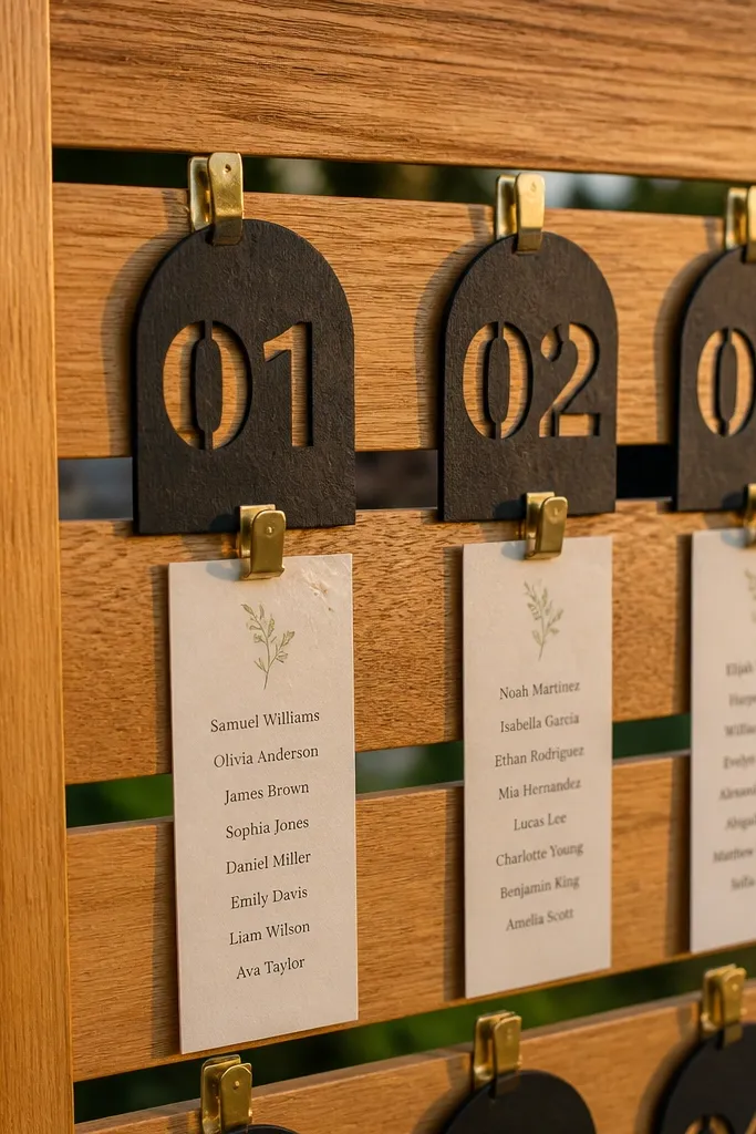 Wood slat board with cutout table number tags and name cards clipped below