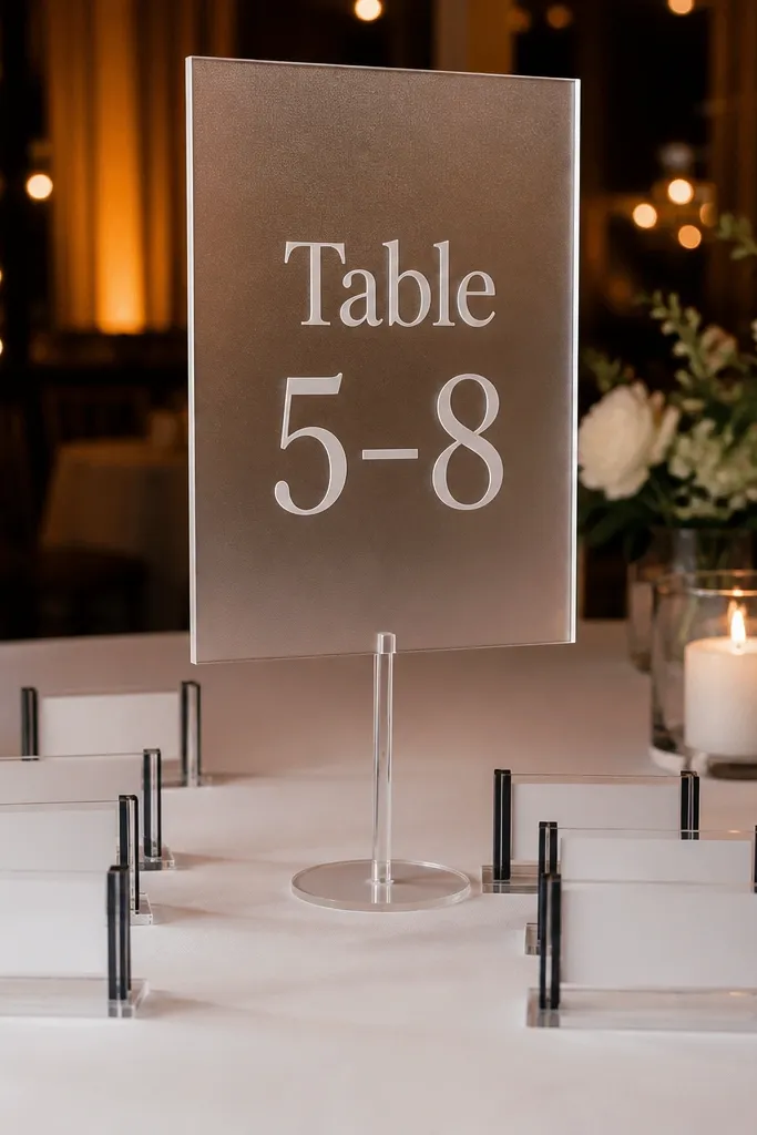 Tall table number sign on a stand with side card holders listing guest names