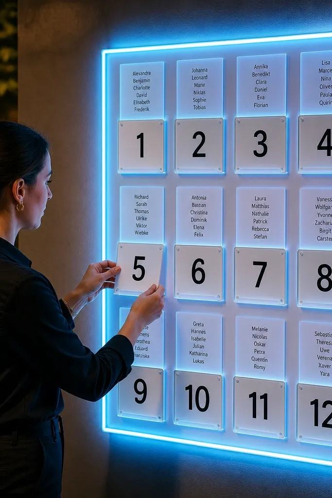 Backlit lightbox sign with glowing table numbers and name cards in magnetic slots