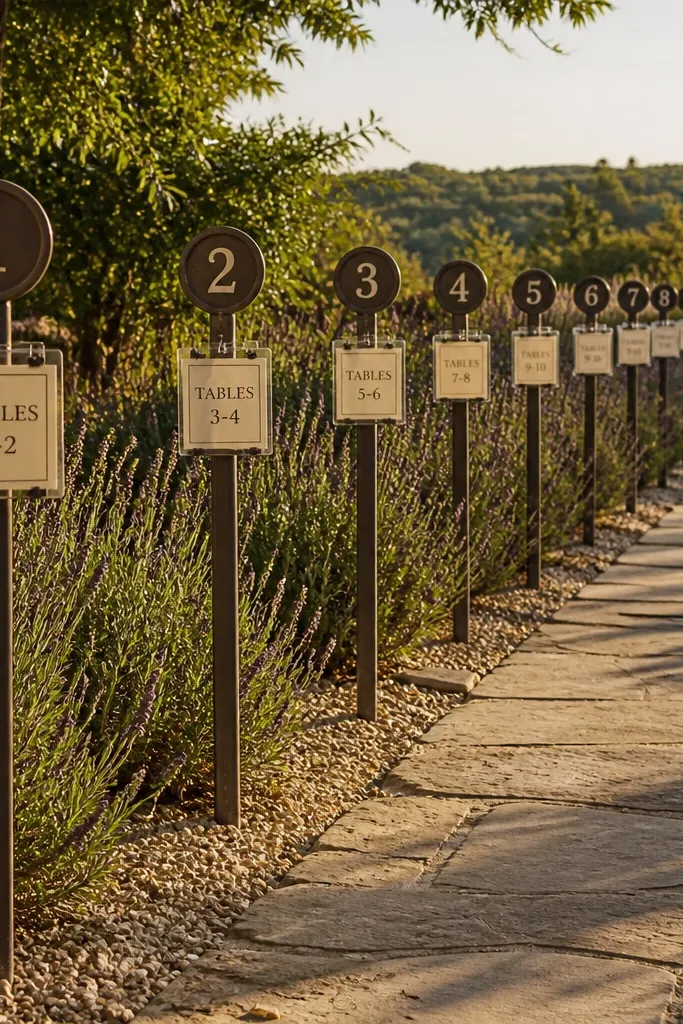 Numbered stakes along a walkway with small card pockets holding seating lists