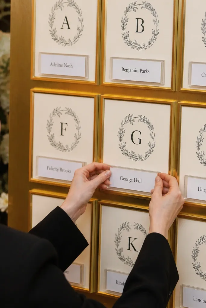 Gold framed chart with chalk-style headings and acrylic clips holding guest names