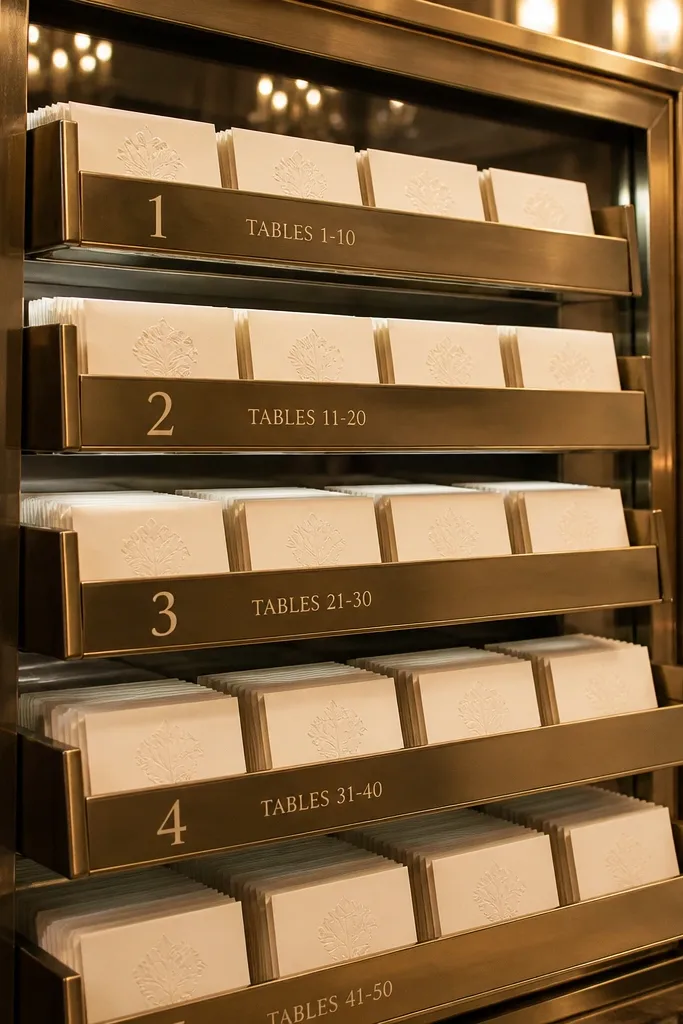 Glass-like display box with numbered trays holding escort cards