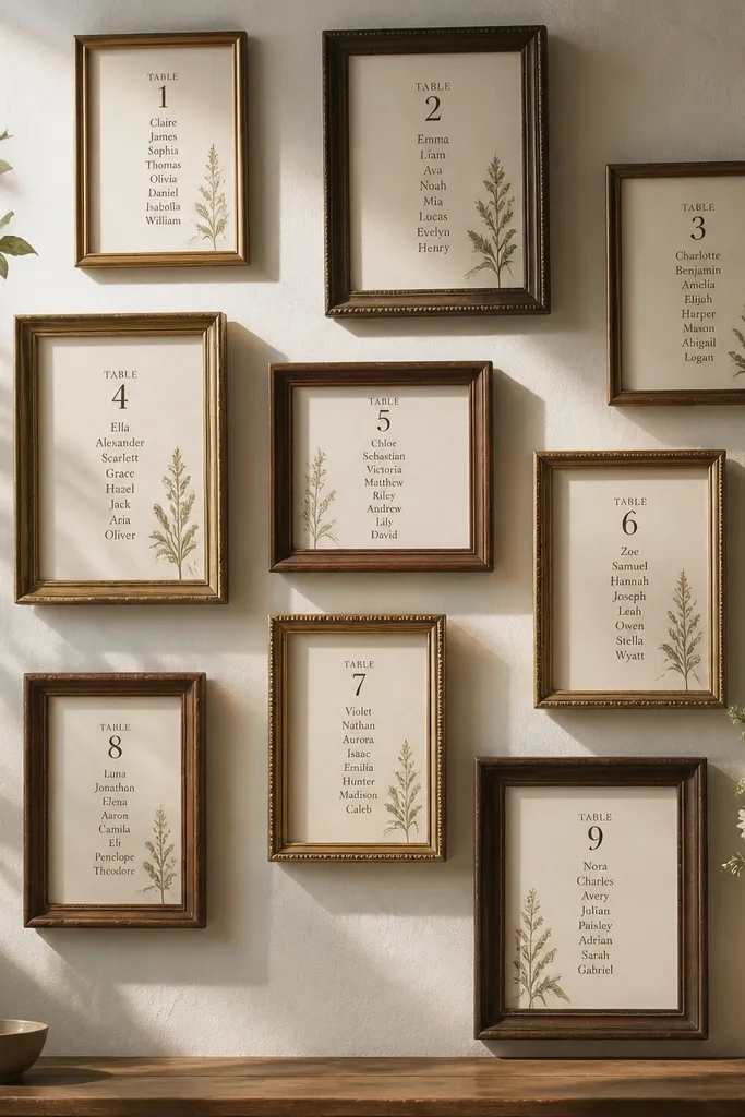 Small frames arranged like a gallery wall with each table number and names inside