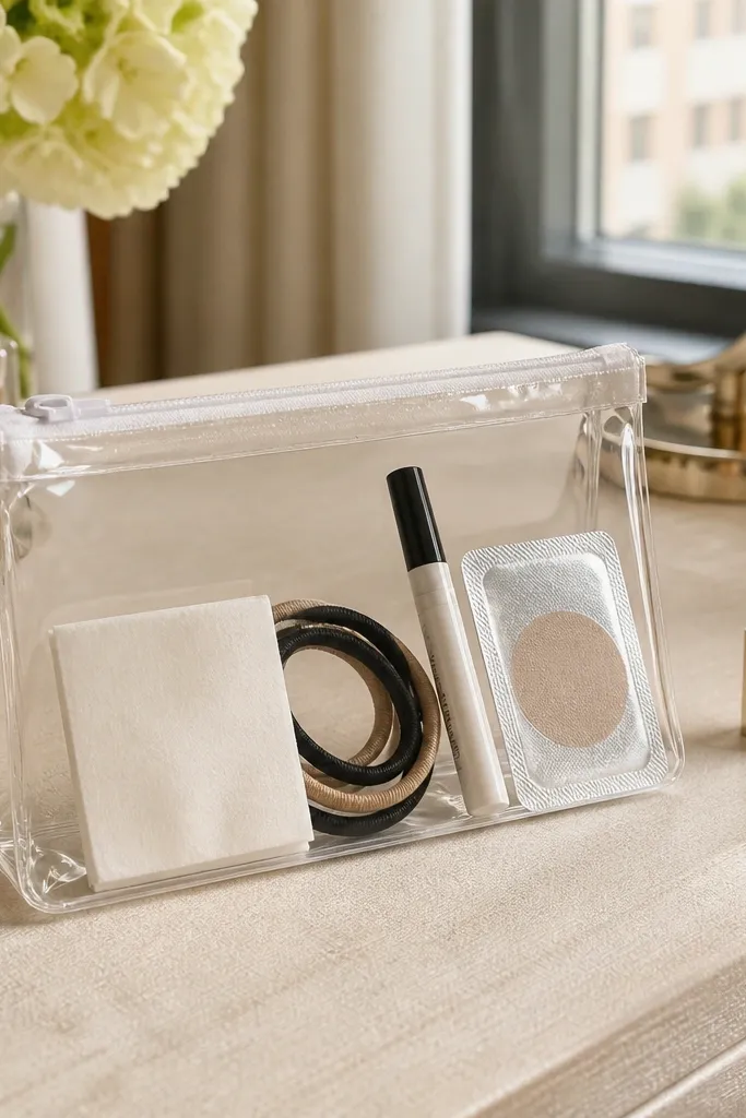 Clear pouch with bobby pins, blotting sheets, and labeled compartments