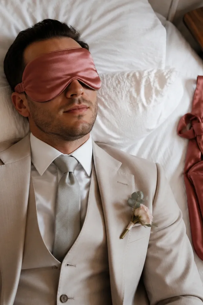 Dusty rose silk eye masks with matching elastic bands on a tray