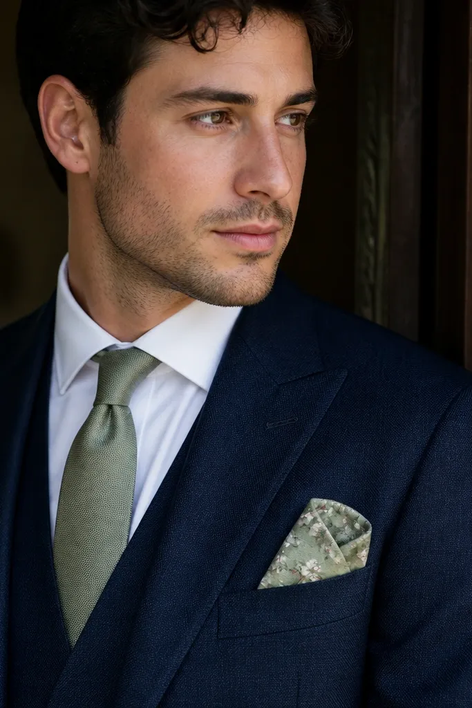 Sage green silk pocket square with subtle floral pattern