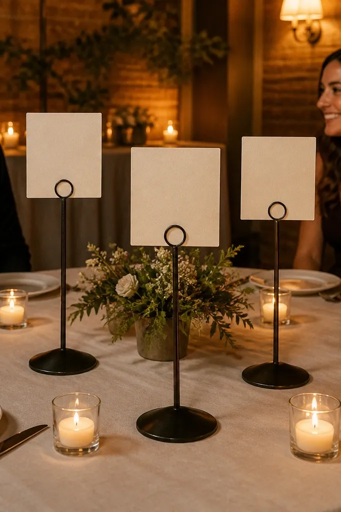 Small table number holders with neutral cards and a candle on a tray