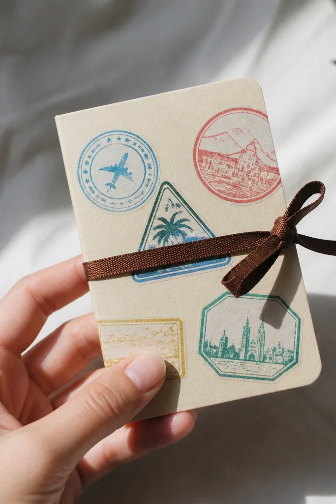 Small passport-style card with faux stamp stickers and a ribbon tie