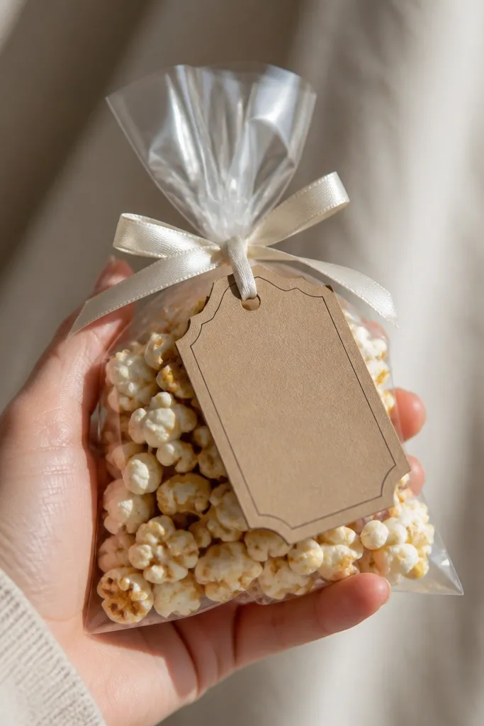 Small popcorn bag tied with ribbon and a ticket-shaped label