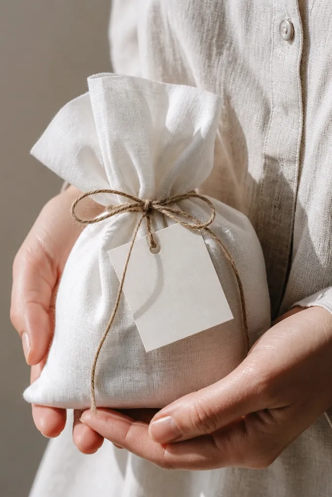 White linen fabric pouch with a small card label and twine tie