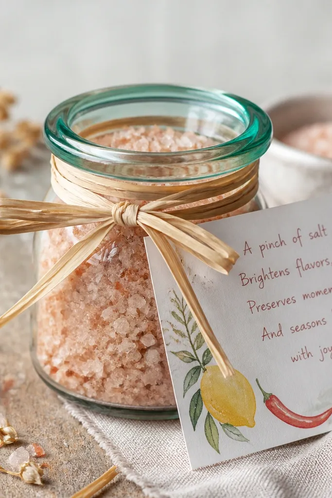 Small glass jar with colored rim salt, tied with ribbon and a recipe card