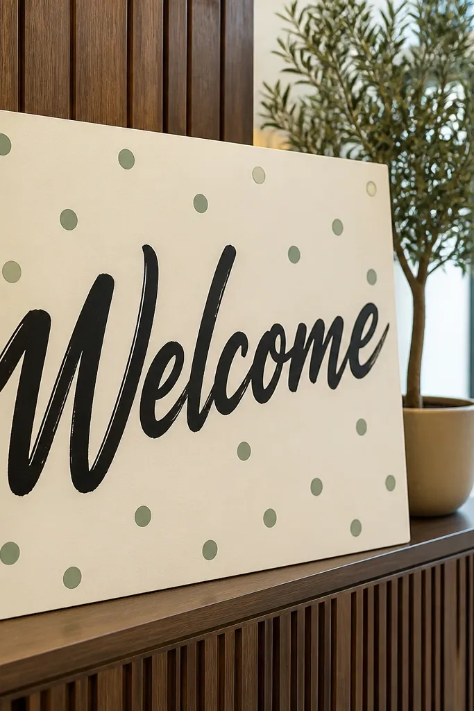 Cream welcome sign with bold black brush lettering and small sage dots