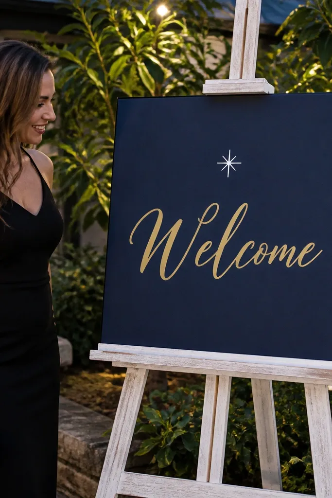 Navy welcome sign with gold vinyl Welcome text and a small white starburst