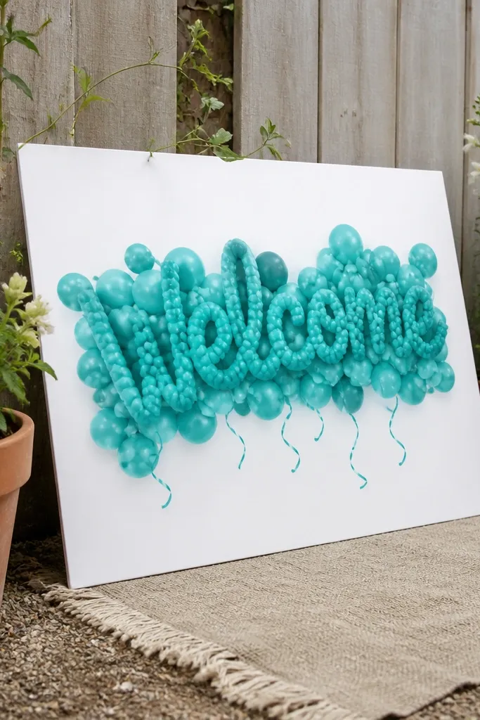 White sign with balloon cluster style Welcome lettering in one bold color