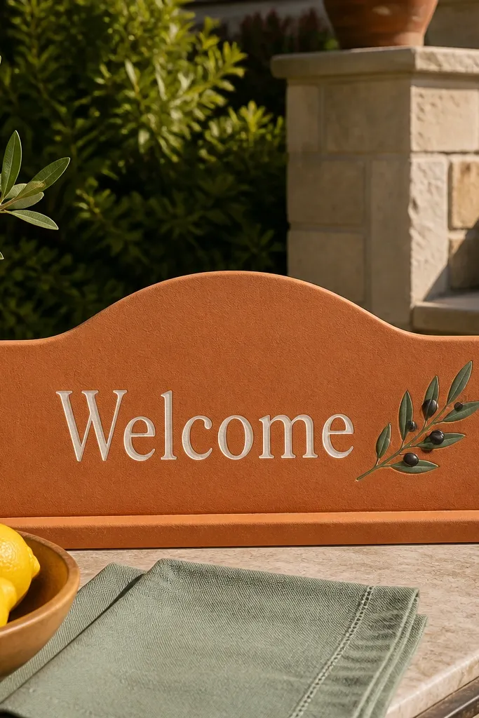 Terracotta welcome sign with white letters and a small olive branch graphic
