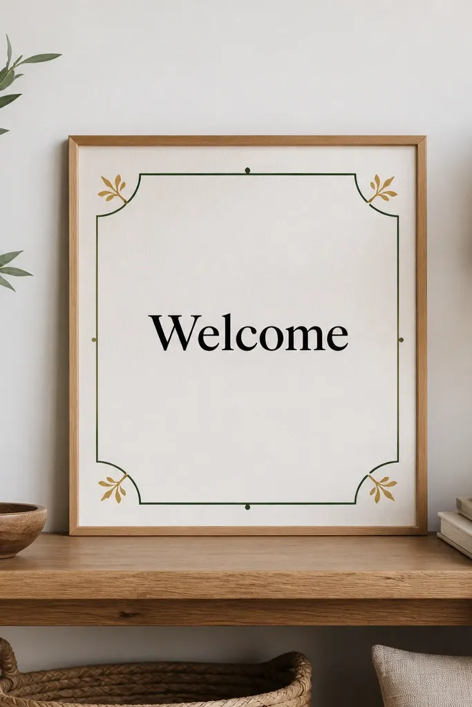 Minimal welcome sign with thin line border and one accent color text