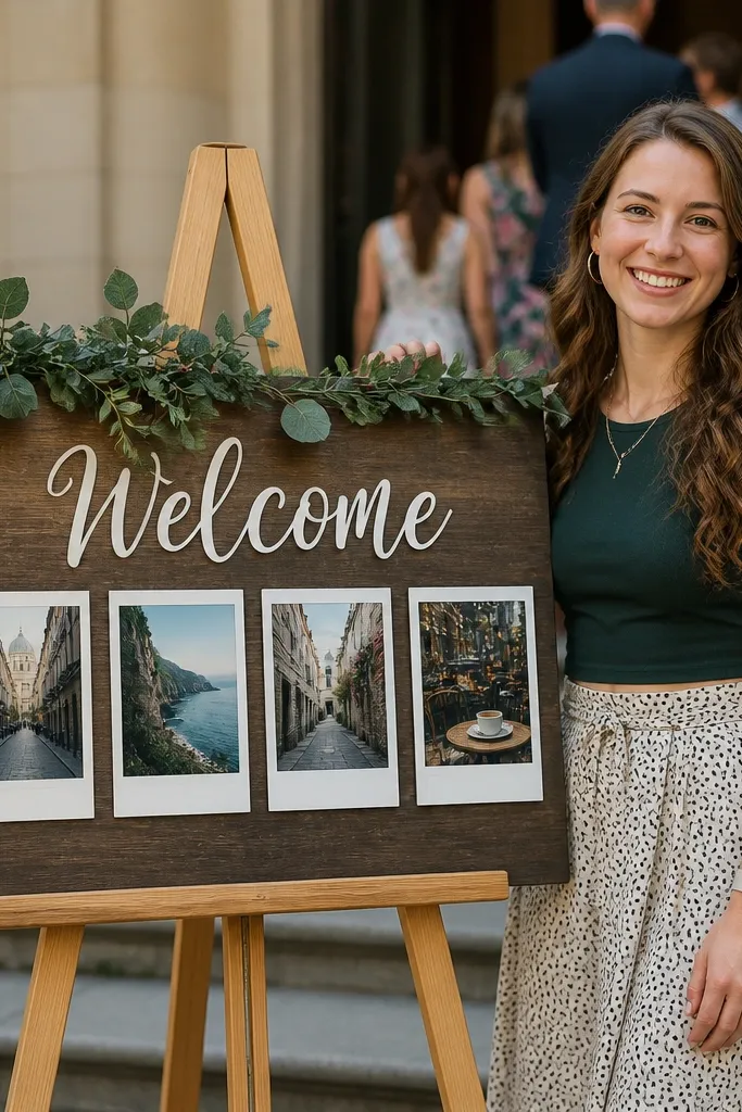 Welcome sign with four small polaroid-style frames and names text