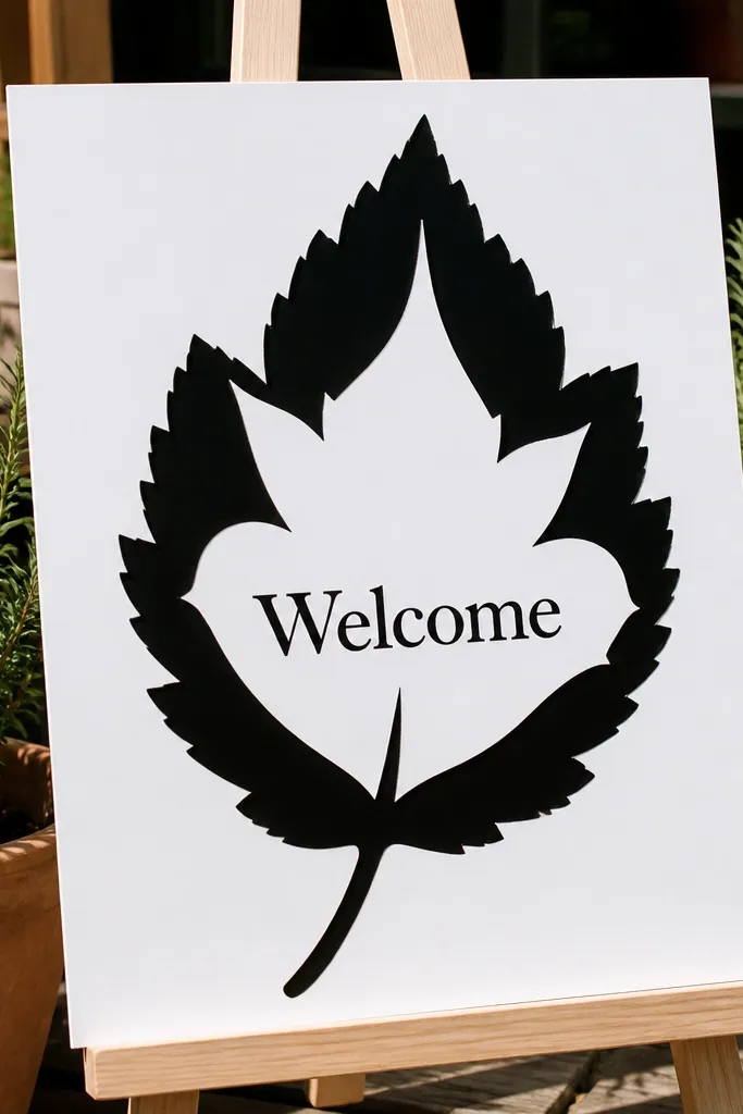 Cream sign with a large leaf silhouette and black Welcome text