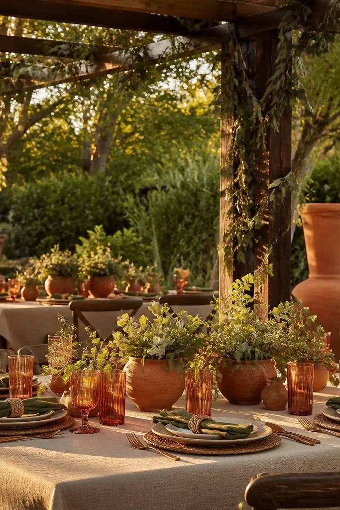Rust napkins with olive greenery and warm linen table settings