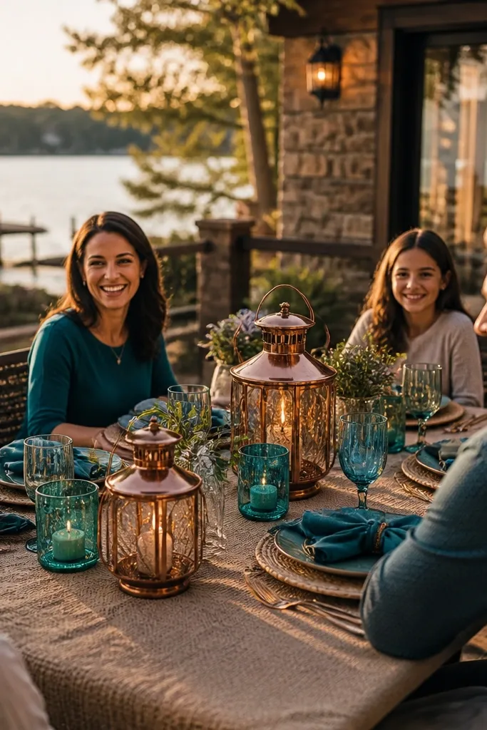 Teal napkins with copper candlelight and warm sand table runners