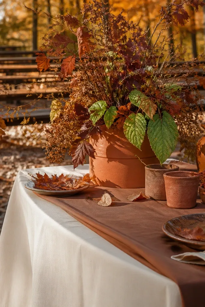 Ivory linens with cocoa candles and burnt sienna dried florals