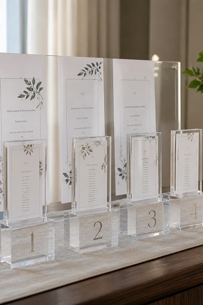 Clear acrylic seating sign with separate numbered blocks for each table