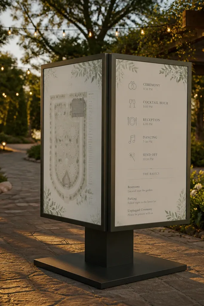 Two-sided seating chart map on a welcome sign with table numbers on one side