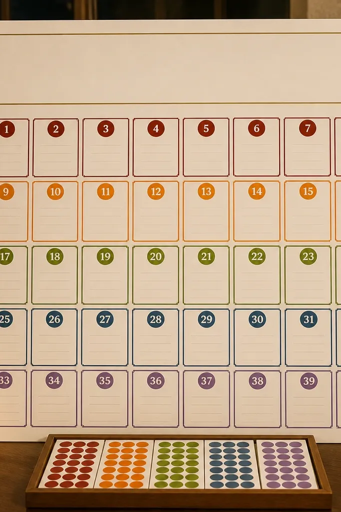 Wall with large seating chart grid and blank name stickers organized by color