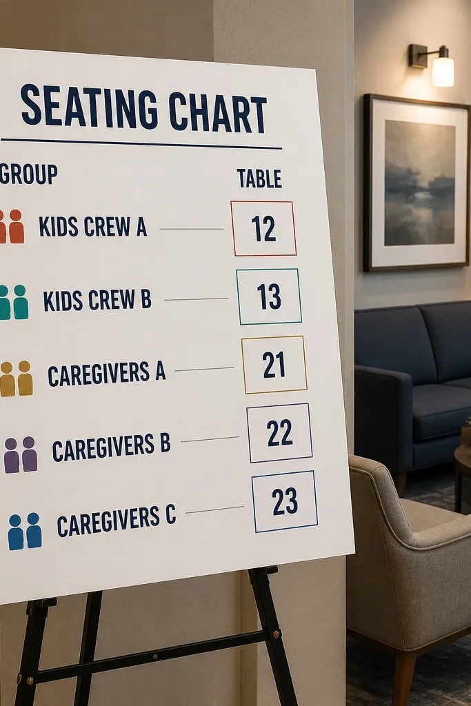 Seating chart with caregiver crew labels and table number assignments