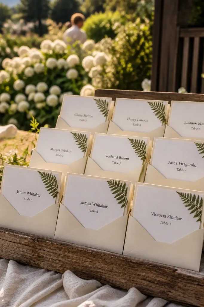 Seating cards with pressed leaf corners in cream envelopes