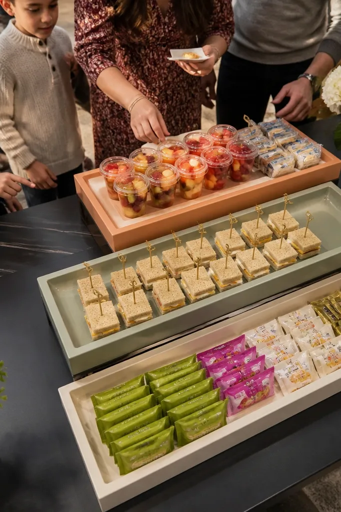 Snack table with stacked trays in cream, sage, and blush tones