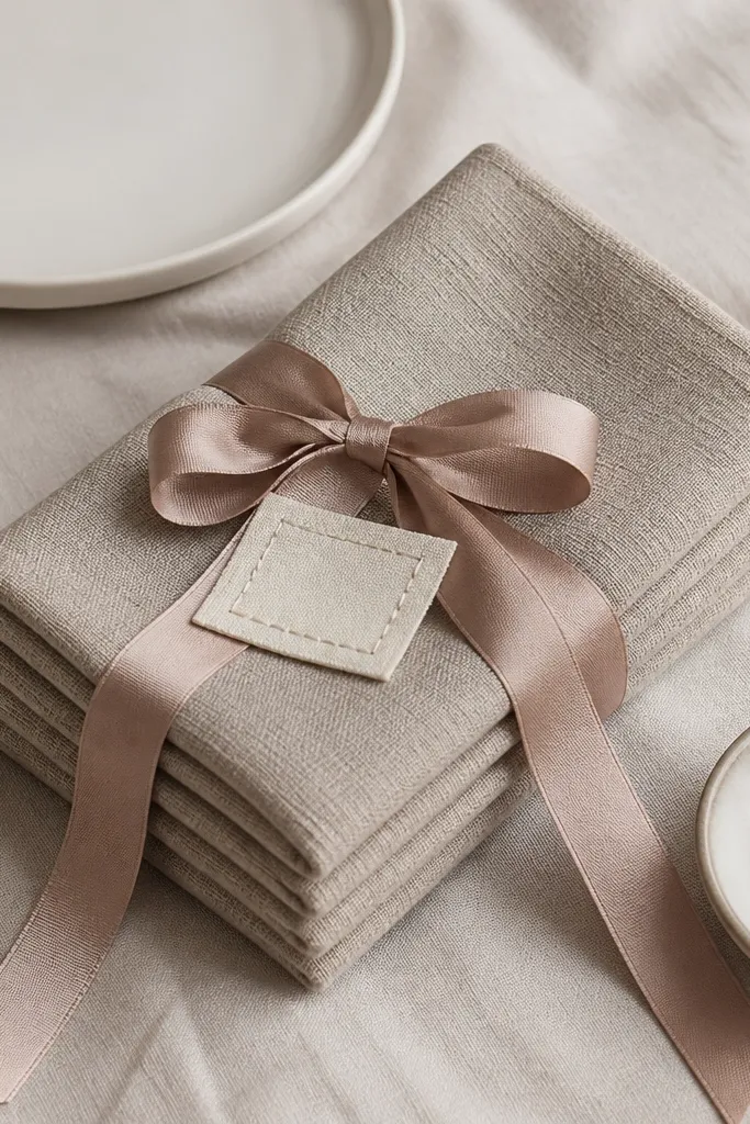Folded cream linen napkins tied with a tan ribbon and a small tag