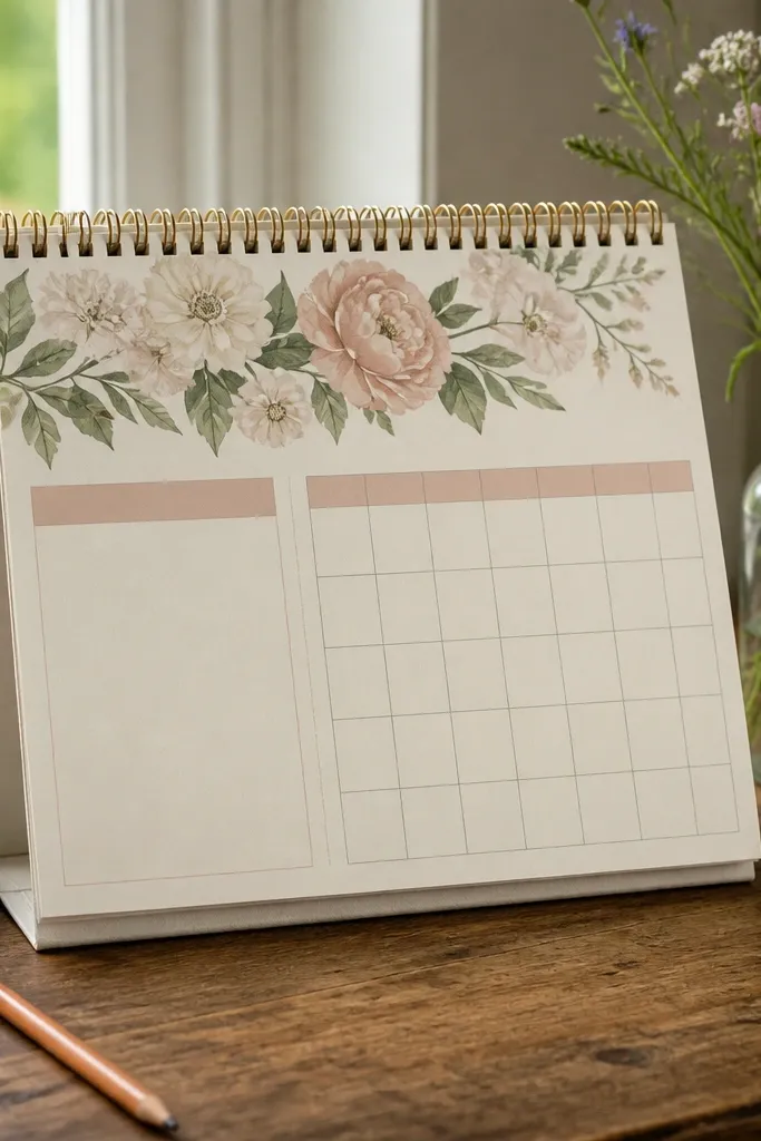 Desk calendar pad with floral header and names printed, gift-wrapped