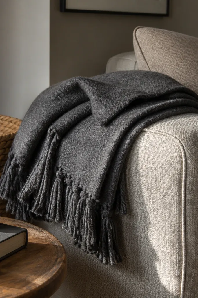 Folded one-color throw blanket with visible tassel edge tied with ribbon