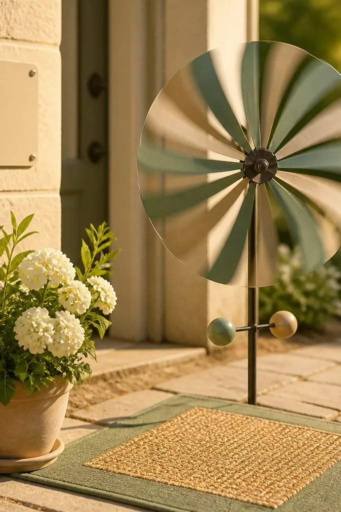 Decorative outdoor wind spinner and a small welcome sign set in a gift wrap