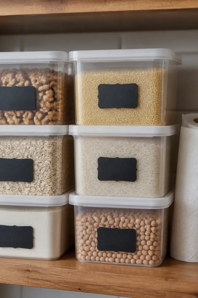 Three stackable containers with chalk labels on a small tray