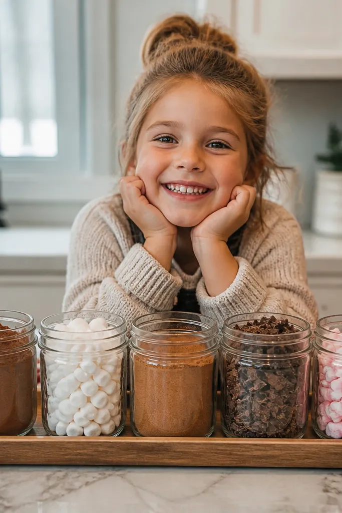 Small jars of cocoa toppings arranged like a mini bar with a ribbon