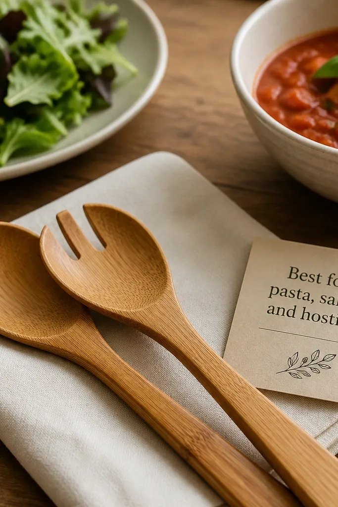 Two bamboo serving spoons on a folded cotton napkin tied with twine
